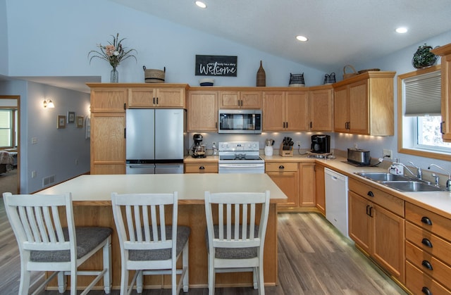 kitchen with a sink, visible vents, vaulted ceiling, light countertops, and appliances with stainless steel finishes