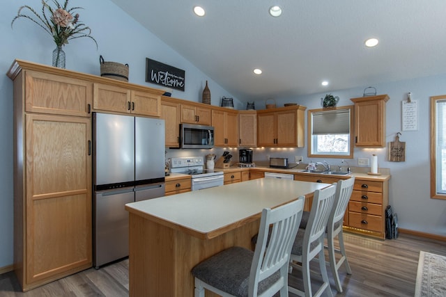 kitchen featuring stainless steel appliances, lofted ceiling, light countertops, a kitchen island, and a sink