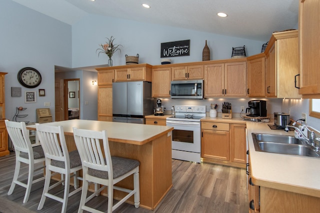 kitchen featuring stainless steel appliances, a sink, light countertops, a center island, and light wood finished floors