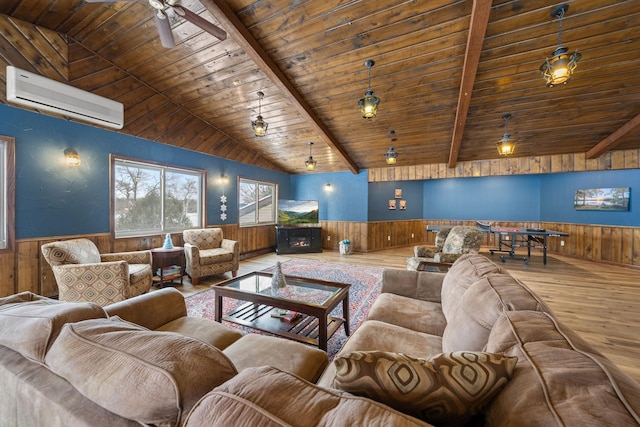 living room featuring wood ceiling, ceiling fan, vaulted ceiling with beams, hardwood / wood-style floors, and a wall mounted AC