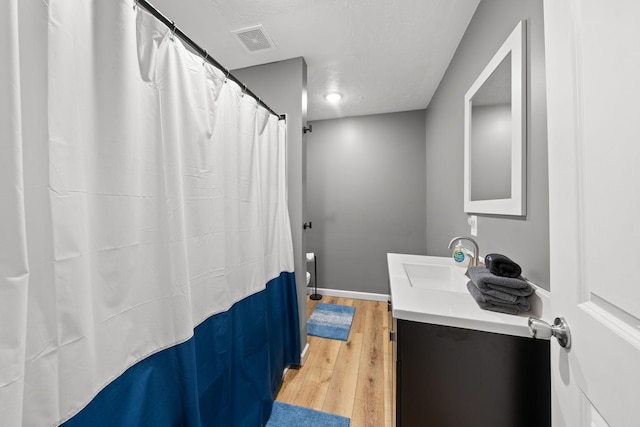 bathroom with vanity and hardwood / wood-style flooring