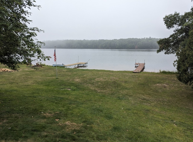 view of yard with a boat dock and a water view