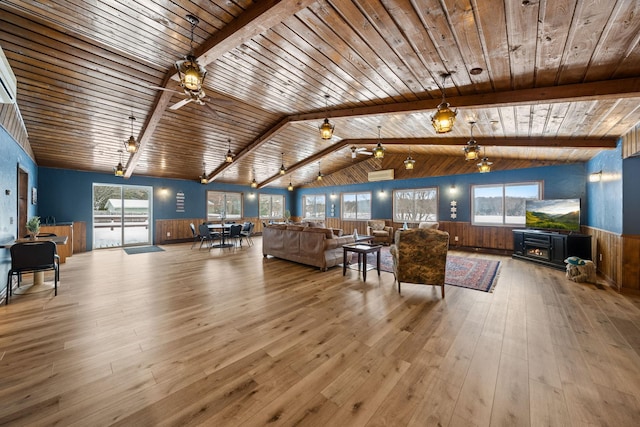 living room with vaulted ceiling with beams, wooden ceiling, hardwood / wood-style flooring, a wainscoted wall, and plenty of natural light