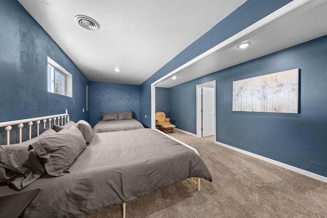 bedroom with visible vents, baseboards, carpet flooring, and recessed lighting