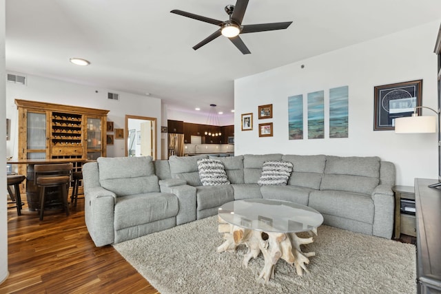 1240 2nd St Unit 704, Minneapolis, MN 55415 - living room featuring dark wood-style flooring, a ceiling fan, and recessed lighting