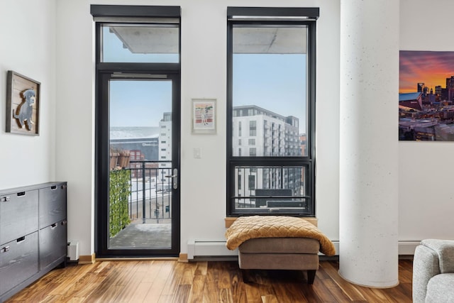1240 2nd St Unit 704, Minneapolis, MN 55415 - doorway featuring a view of city, wood finished floors, and baseboard heating