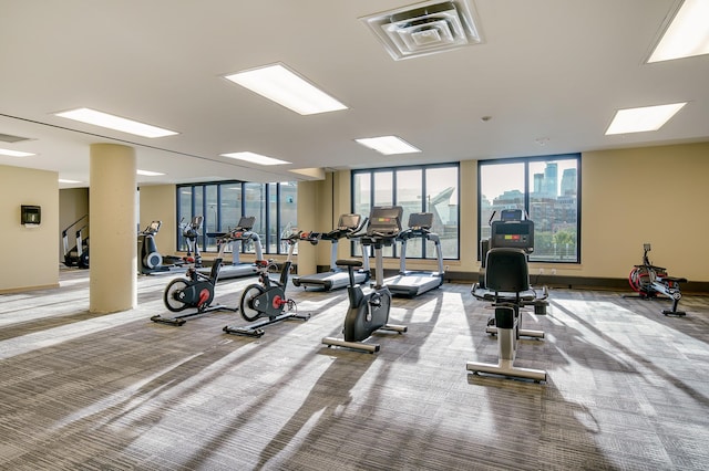1240 2nd St Unit 704, Minneapolis, MN 55415 - gym featuring carpet flooring, baseboards, and expansive windows