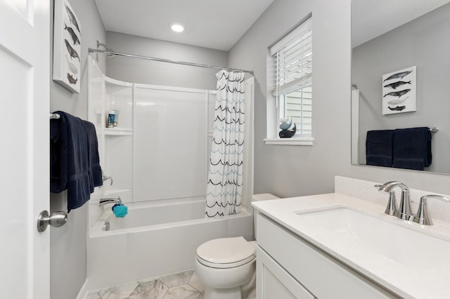 full bathroom with vanity, shower / bath combination with curtain, and toilet