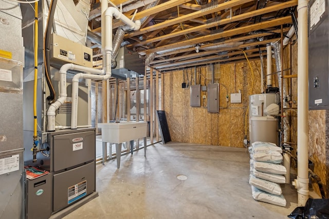 below grade area featuring electric panel and water heater