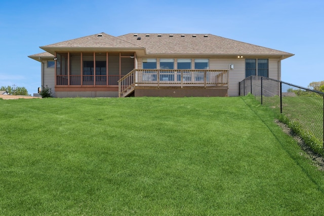 531 Depree Way, Glenwood, MN 56334 - rear view of property featuring a wooden deck, roof with shingles, and a sunroom