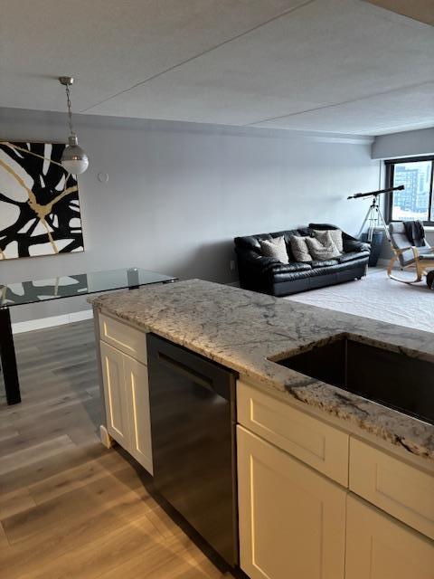 kitchen featuring hardwood / wood-style floors, decorative light fixtures, light stone countertops, and black dishwasher