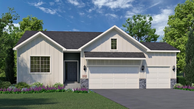 view of front of home with an attached garage, a shingled roof, driveway, stone siding, and board and batten siding