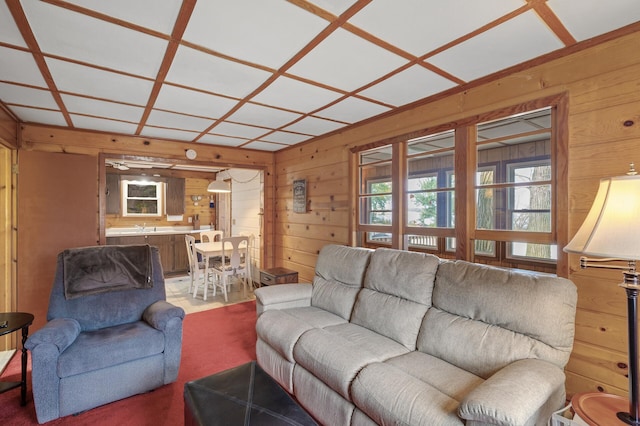 living room with coffered ceiling, sink, and wood walls