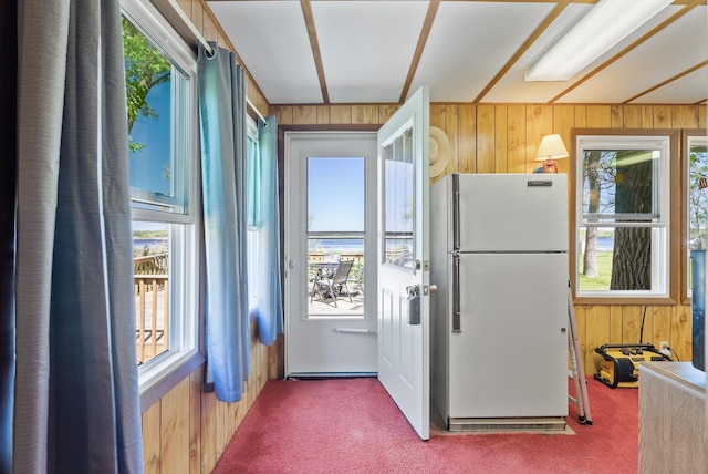 kitchen with freestanding refrigerator, wood walls, and carpet