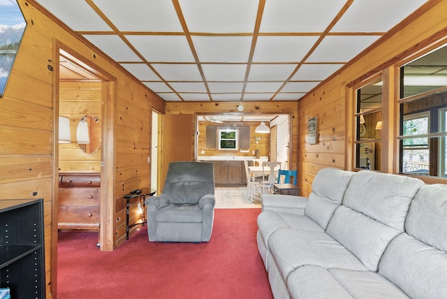 carpeted living area with wood walls