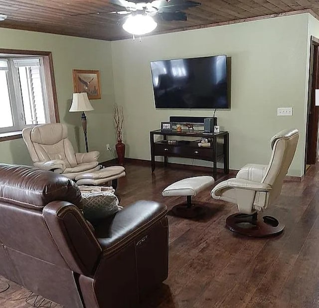 living room with wood ceiling, ceiling fan, and wood finished floors