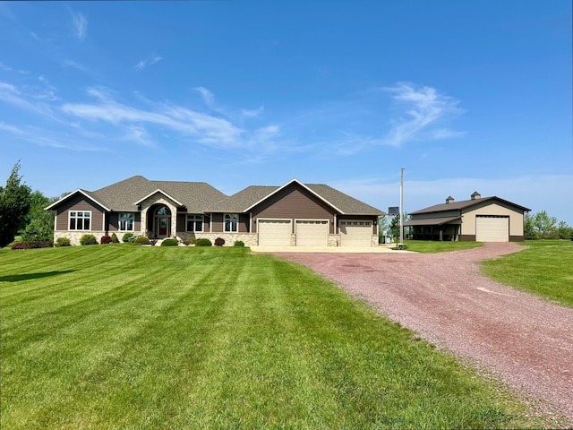13943 Sundberg Ave, Graham Lakes Twp, MN 56131 - ranch-style home featuring dirt driveway, a front yard, an attached garage, and stone siding