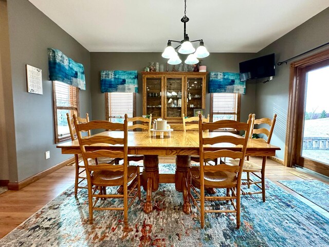 13943 Sundberg Ave, Graham Lakes Twp, MN 56131 - dining space with plenty of natural light, a chandelier, baseboards, and light wood finished floors