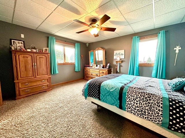 13943 Sundberg Ave, Graham Lakes Twp, MN 56131 - bedroom with a paneled ceiling, light colored carpet, ceiling fan, and baseboards