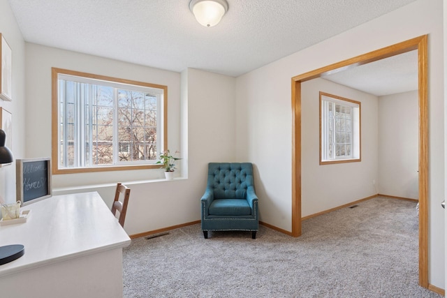 carpeted office featuring visible vents, baseboards, and a textured ceiling