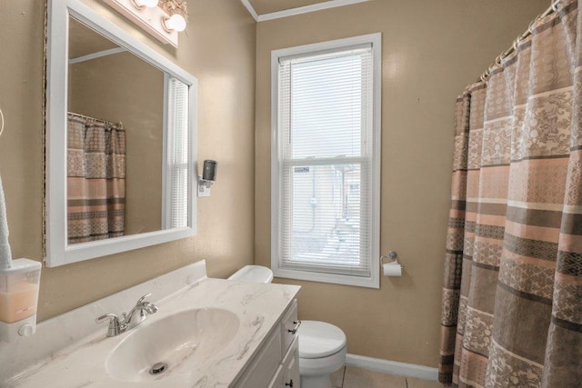 bathroom featuring vanity, tile patterned floors, toilet, and walk in shower