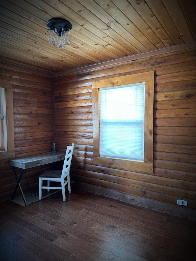 unfurnished office with wooden ceiling, dark hardwood / wood-style floors, and log walls