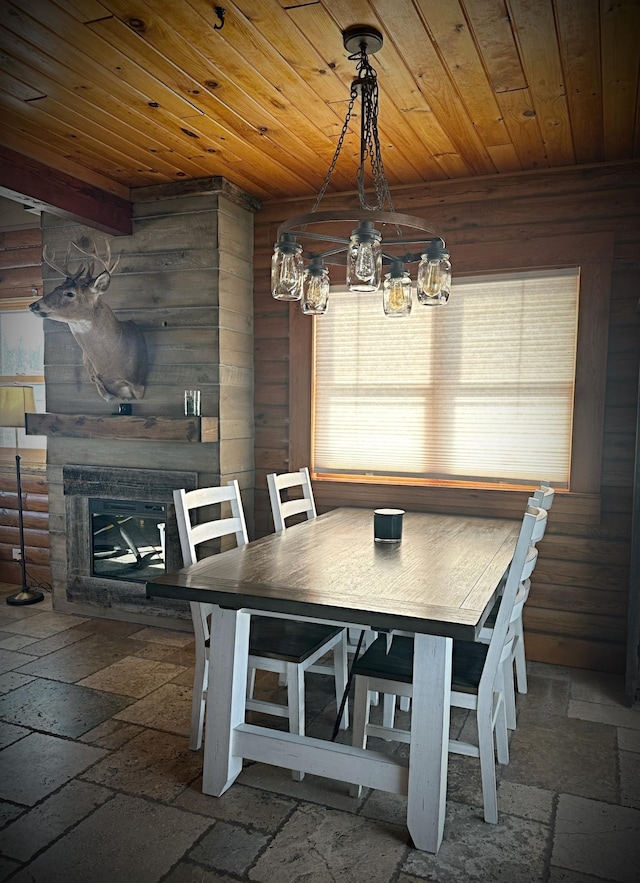 unfurnished dining area with wooden walls and wooden ceiling