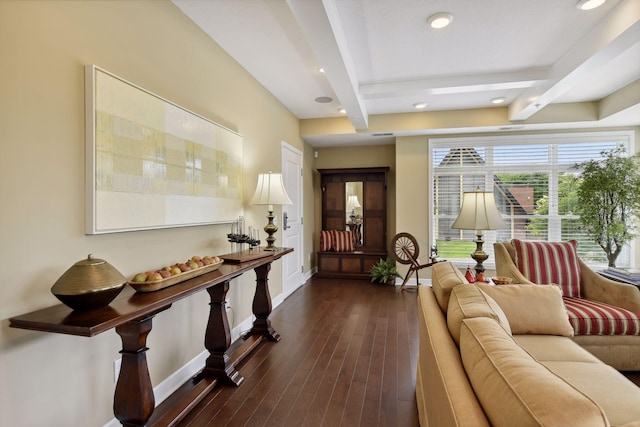 interior space featuring recessed lighting, dark wood finished floors, beam ceiling, and baseboards