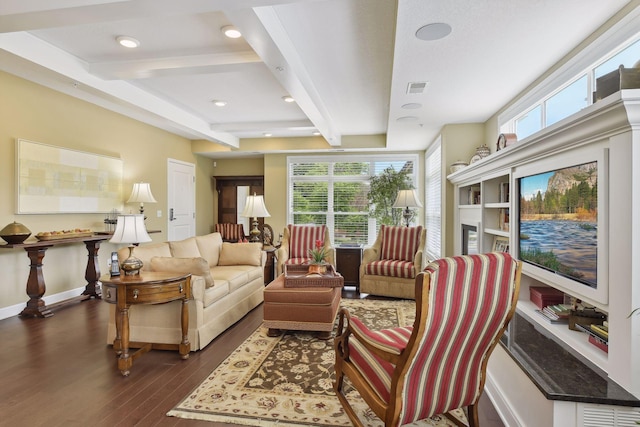 living area featuring recessed lighting, dark wood-type flooring, visible vents, baseboards, and beam ceiling