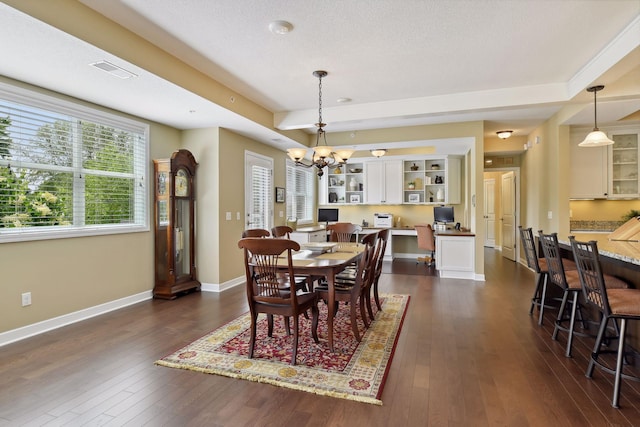 dining area featuring visible vents, baseboards, a chandelier, and dark wood-style flooring