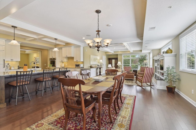 dining area with coffered ceiling, visible vents, plenty of natural light, and dark wood-type flooring