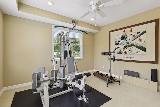 exercise area with recessed lighting, carpet flooring, a ceiling fan, visible vents, and baseboards