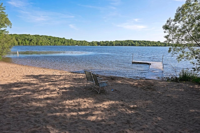 water view with a dock and a wooded view