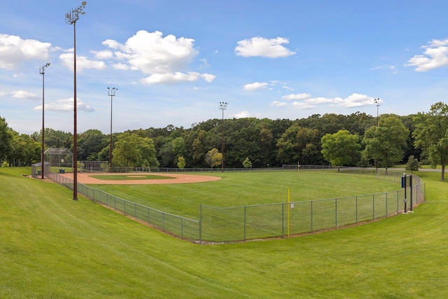 surrounding community with a lawn and fence