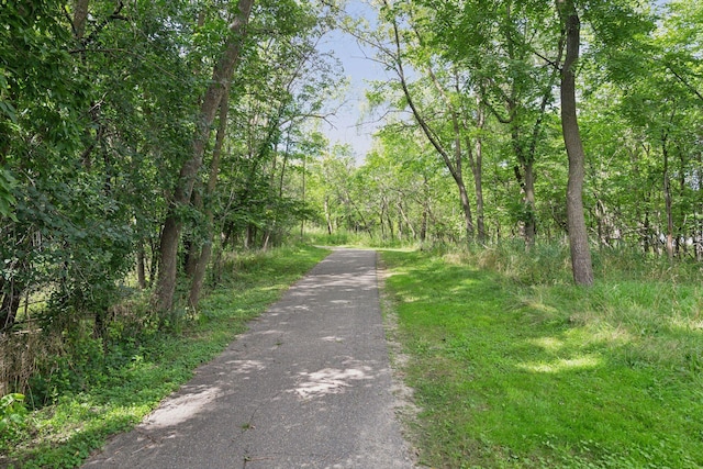 view of road with a forest view