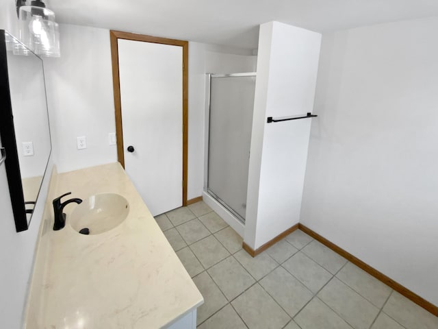 bathroom with walk in shower, tile patterned floors, and vanity