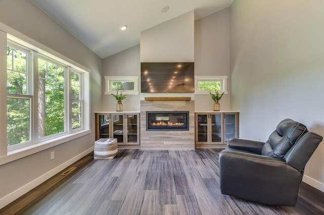 living area featuring baseboards, a glass covered fireplace, wood finished floors, high vaulted ceiling, and recessed lighting