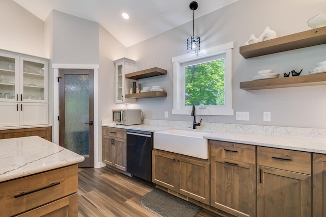 2568 28 1/4 St, Cedar Lake Twp, WI 54817 - kitchen with stainless steel dishwasher, dark wood-style floors, a sink, vaulted ceiling, and open shelves