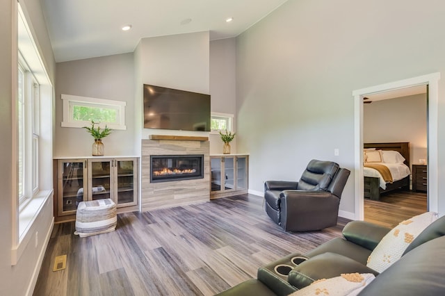 2568 28 1/4 St, Cedar Lake Twp, WI 54817 - living room featuring baseboards, wood finished floors, a tiled fireplace, and high vaulted ceiling
