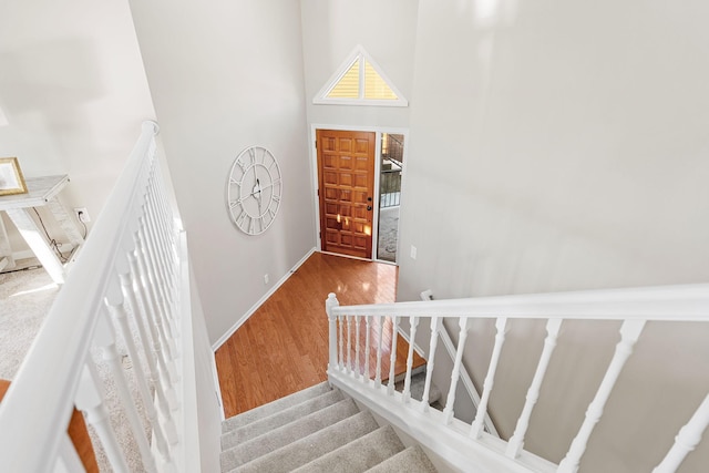 stairway featuring a high ceiling and wood-type flooring