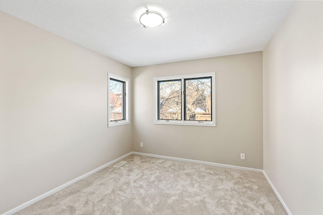 spare room featuring light carpet and a textured ceiling