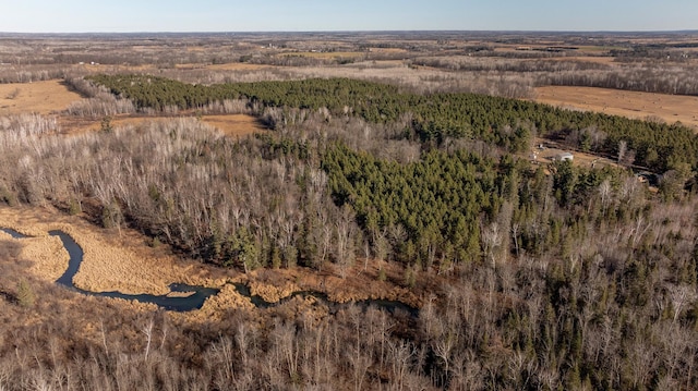 birds eye view of property featuring a wooded view