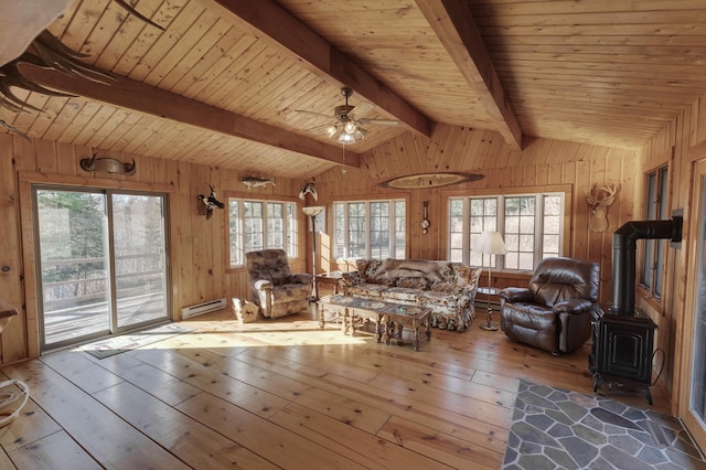 unfurnished living room with lofted ceiling with beams, wood walls, a healthy amount of sunlight, wood-type flooring, and a wood stove