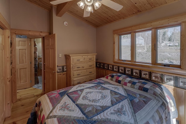 bedroom featuring lofted ceiling with beams, light wood-type flooring, ceiling fan, and wooden ceiling