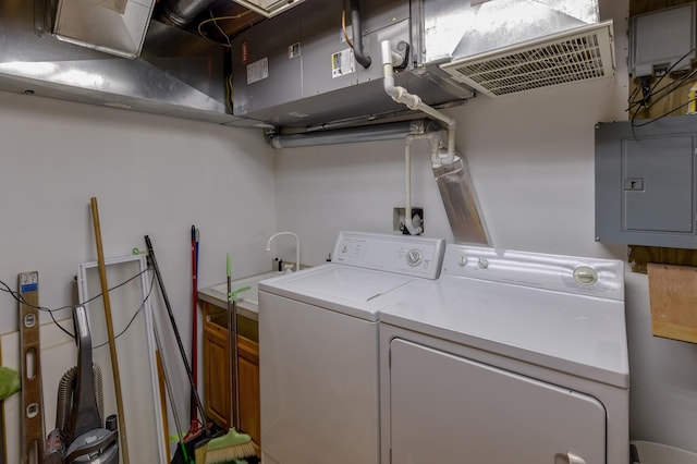 washroom with laundry area, electric panel, and washing machine and clothes dryer