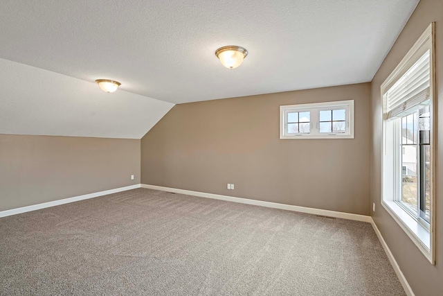 additional living space featuring vaulted ceiling, a textured ceiling, and carpet