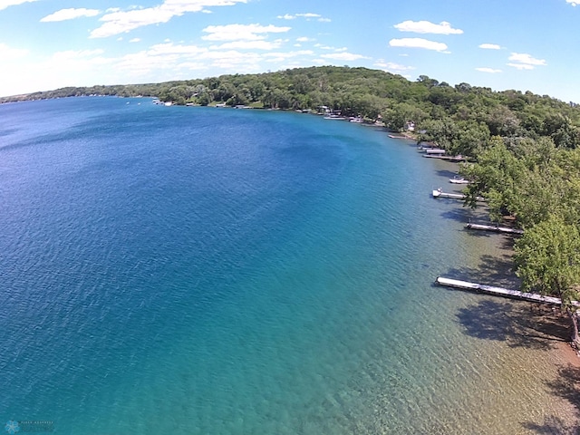 aerial view featuring a water view and a wooded view