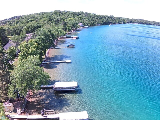 drone / aerial view with a water view and a wooded view