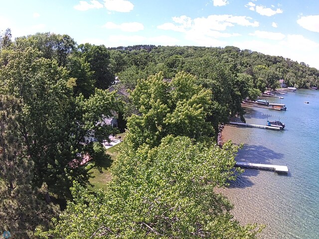 birds eye view of property featuring a water view and a wooded view