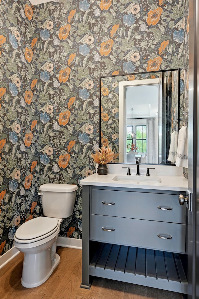 bathroom with hardwood / wood-style flooring, vanity, and toilet